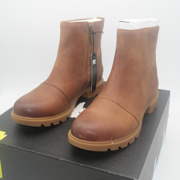 NEW SOREL Women's 6 Emelie III Zip Ankle Boots Leather Brown Velvet Tan - Picture 1 of 8